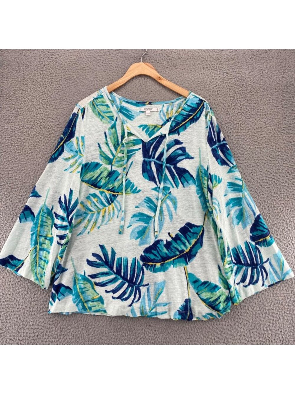 Chicos Top Women 3 US Extra Large Blue Green Floral Linen Tie Front Forward Seam